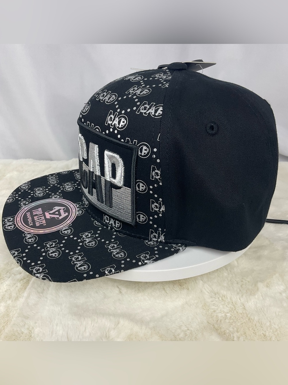 Top Level No Cap Snapback Hat Black Silver All Over Logo Pattern NWT